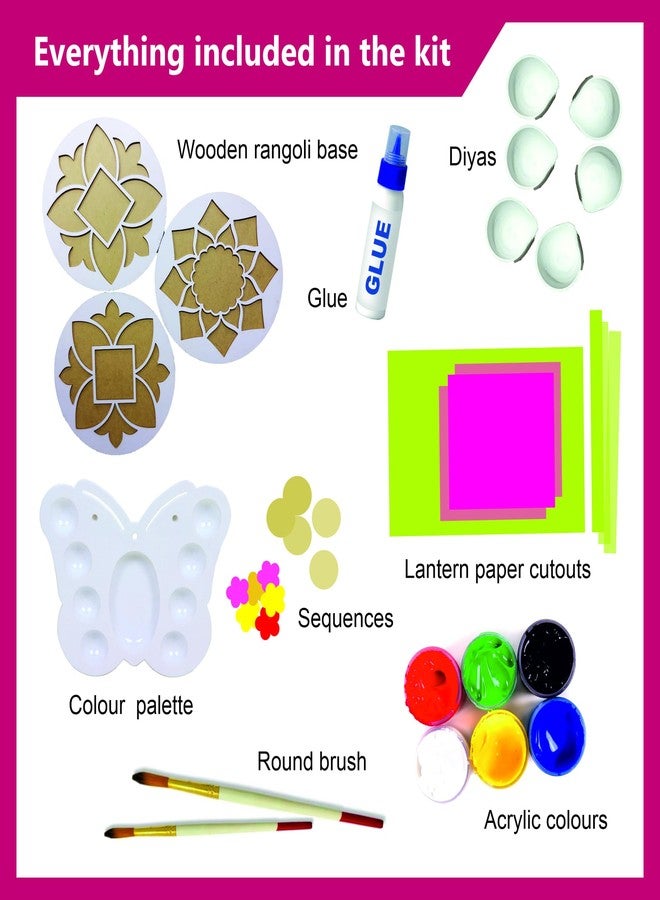 لايت هاوس مجموعة أدوات تزيين رانجولي ديوالي الفنية من لايتهاوس | تتضمن مصابيح دياس، وفوانيس مقطوعة، وقاعدة رانجولي خشبية، وألوان، وتطريزات، وفرشاة دائرية، هدية مثالية للشركات في ديوالي - Image 2
